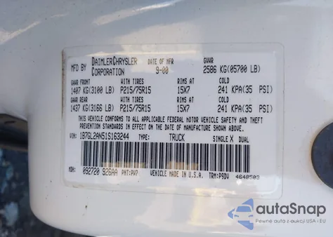 2001 Dodge Dakota Slt/Sport из США, поврежденный, VIN 1B7GL2AN51S163244